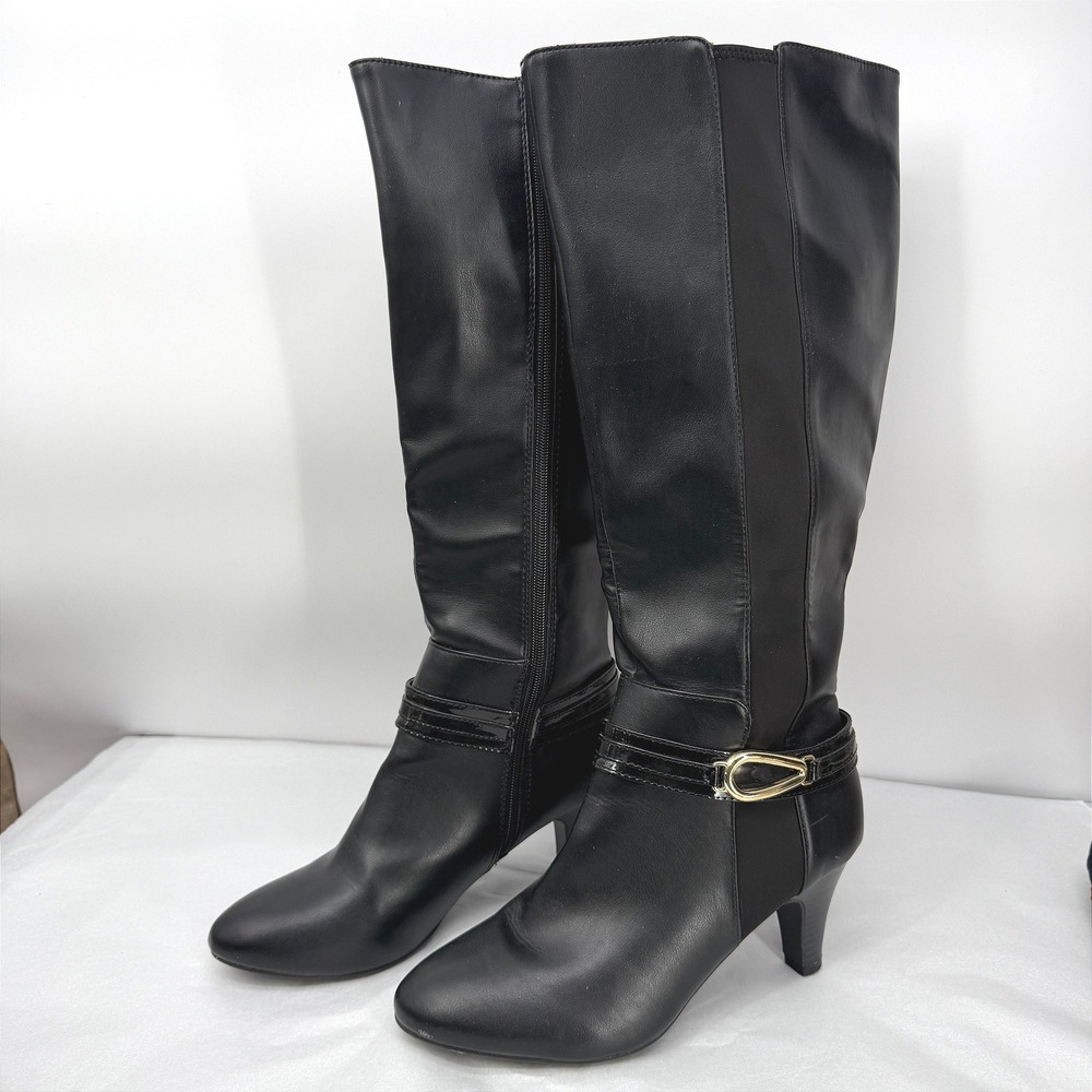 Karen Scott Black Knee High Boots Gold Buckle Strap Stretchy Panel Dressy 9.5W